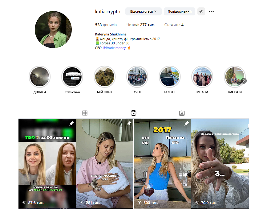 Instagram сторінка Катерини Шухніної
